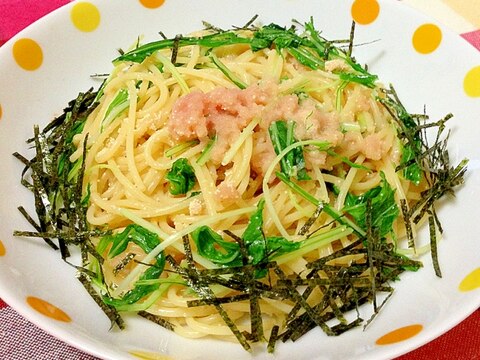 シャキシャキ水菜とプチプチ明太子の和風パスタ